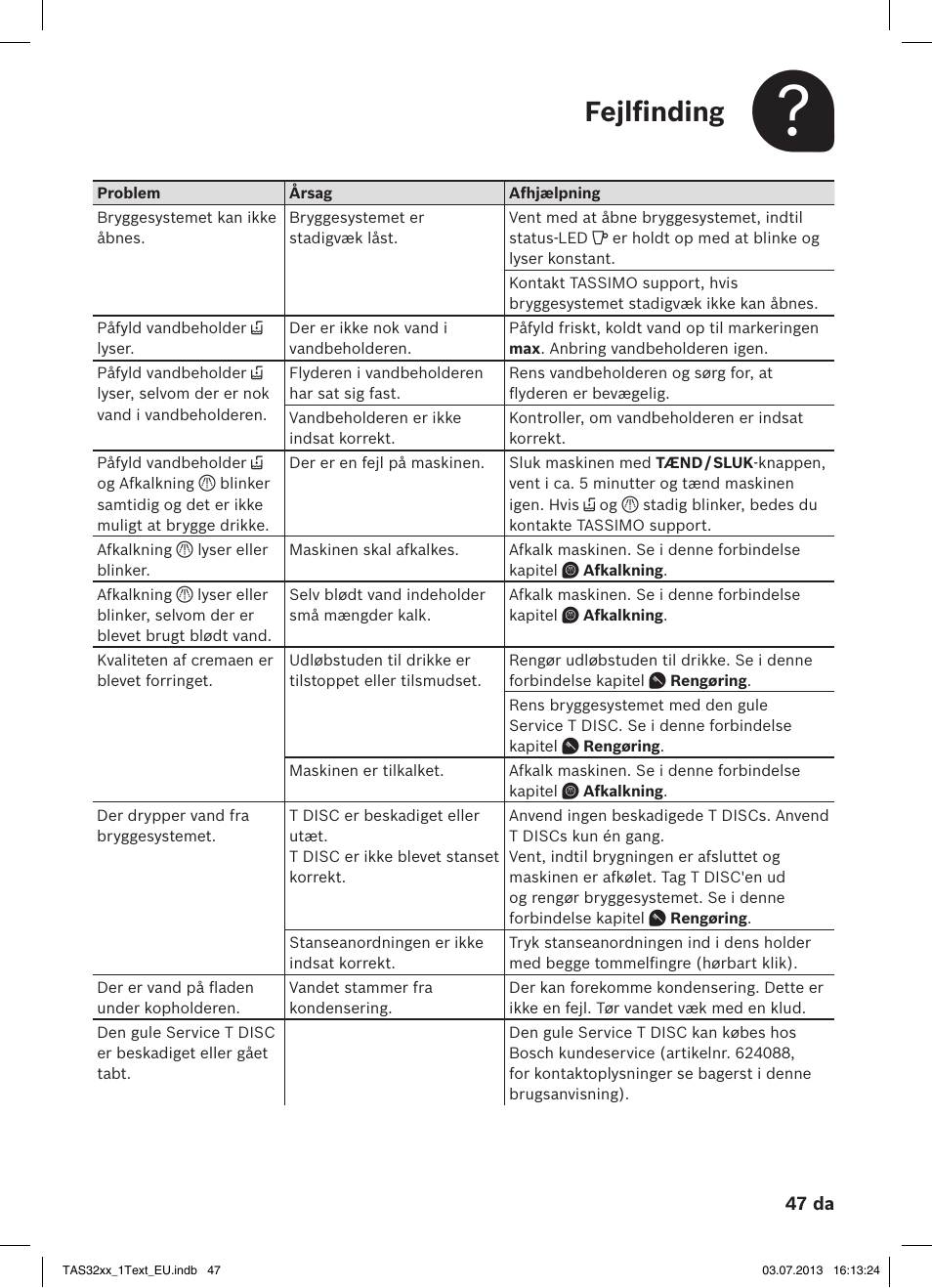 Fejlfinding | Bosch Multigetränkesystem TAS3203 Autumn Red User Manual | Page 49 / 66