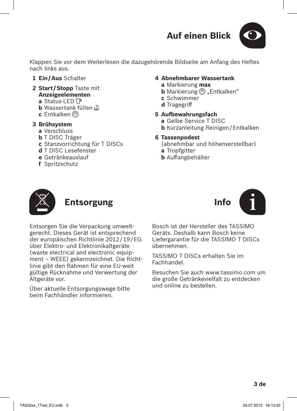 Auf einen blick, Entsorgung, Info | Bosch Multigetränkesystem TAS3203 Autumn Red User Manual | Page 5 / 66