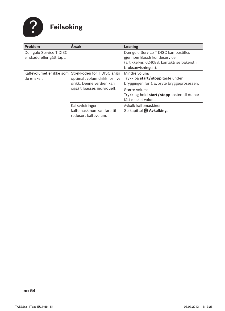Feilsøking | Bosch Multigetränkesystem TAS3203 Autumn Red User Manual | Page 56 / 66