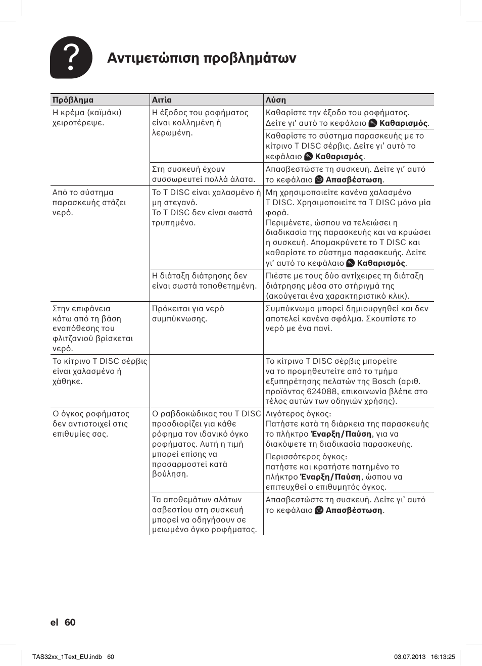 Αντιμετώπιση προβλημάτων | Bosch Multigetränkesystem TAS3203 Autumn Red User Manual | Page 62 / 66