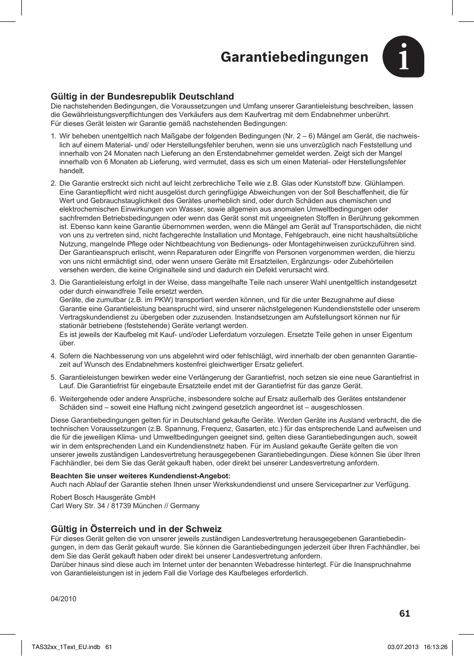 Garantiebedingungen | Bosch Multigetränkesystem TAS3203 Autumn Red User Manual | Page 63 / 66