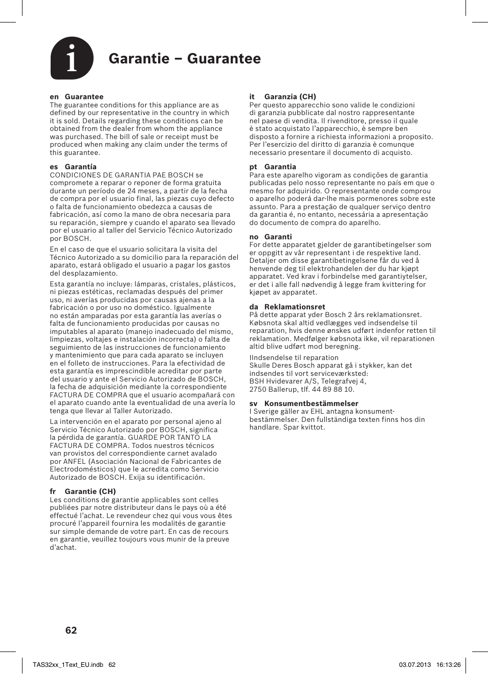 Garantie – guarantee | Bosch Multigetränkesystem TAS3203 Autumn Red User Manual | Page 64 / 66