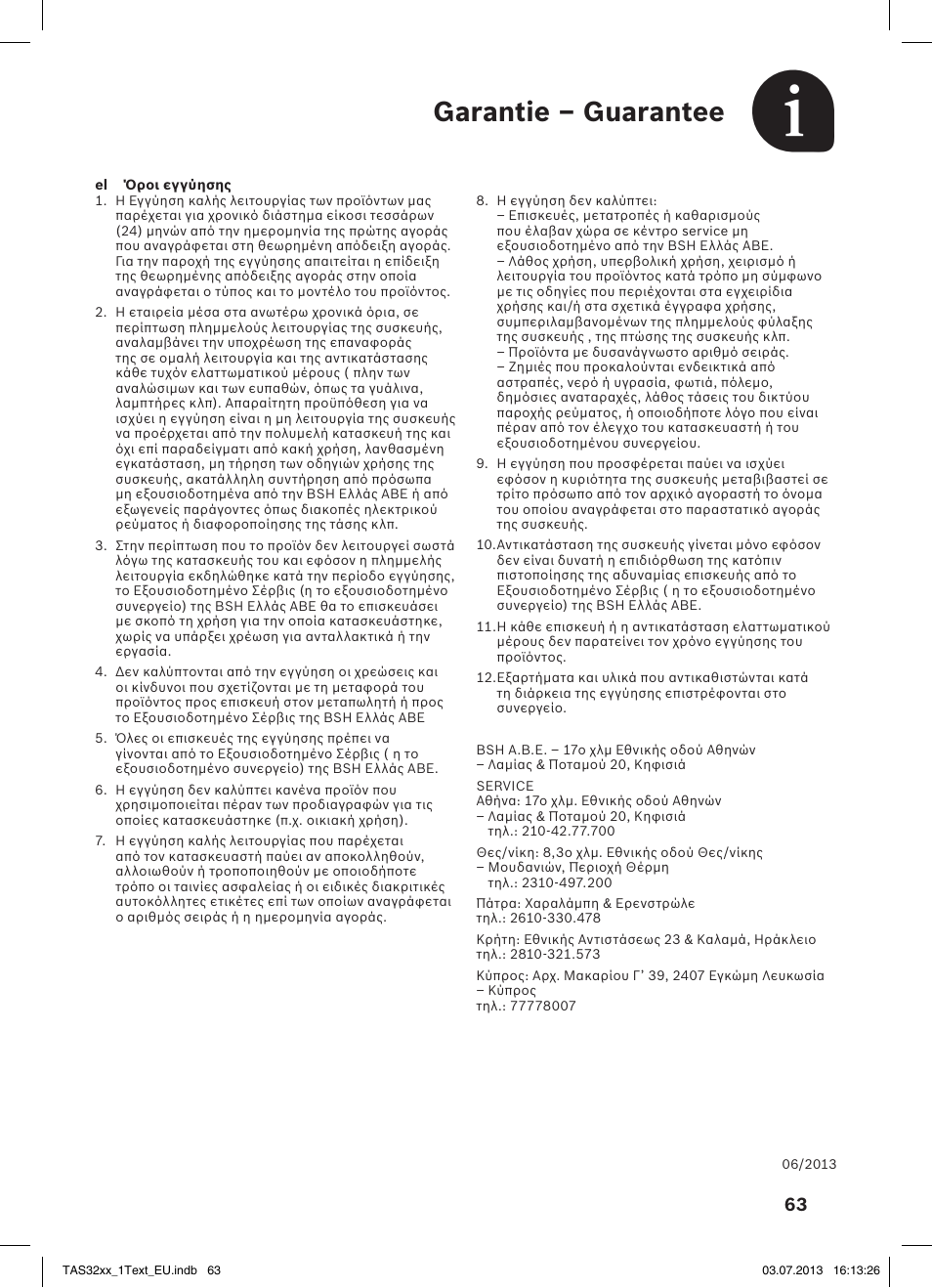 Garantie – guarantee | Bosch Multigetränkesystem TAS3203 Autumn Red User Manual | Page 65 / 66