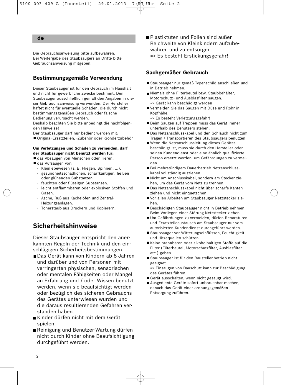 Sicherheitshinweise | Bosch sphera Bodenstaubsauger mit Staubbeutel BSD3030 schwarz User Manual | Page 3 / 96