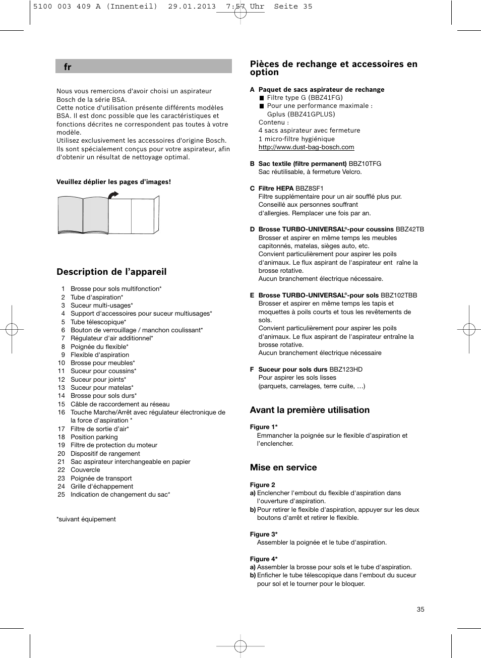 Description de l’appareil, Pièces de rechange et accessoires en option, Avant la première utilisation | Mise en service | Bosch sphera Bodenstaubsauger mit Staubbeutel BSD3030 schwarz User Manual | Page 36 / 96