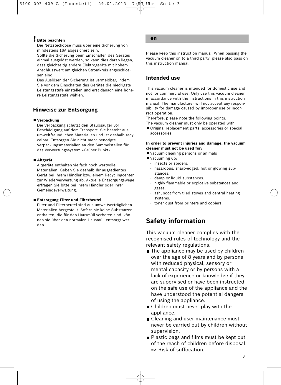 Safety information | Bosch sphera Bodenstaubsauger mit Staubbeutel BSD3030 schwarz User Manual | Page 4 / 96