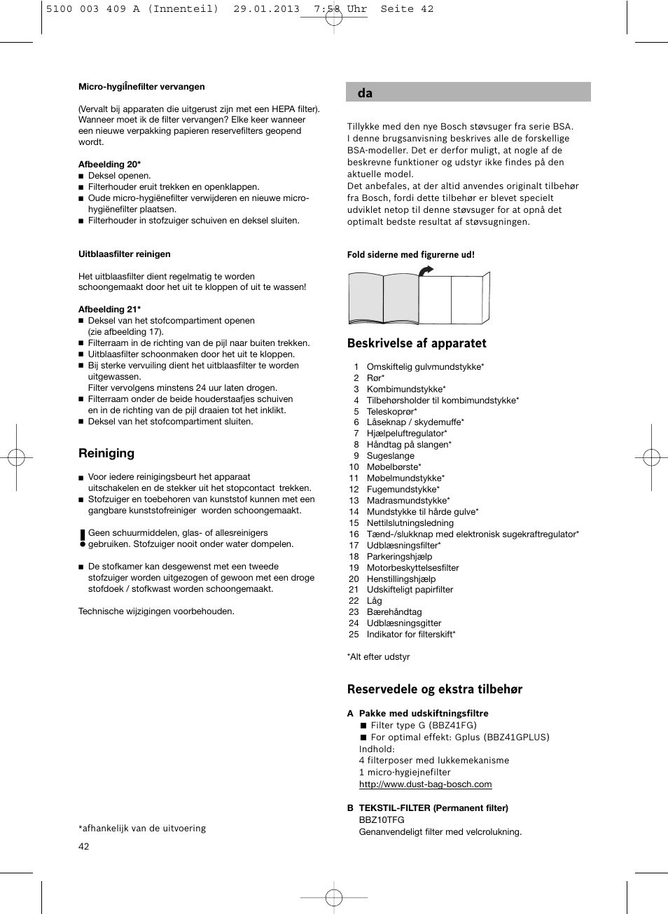 Beskrivelse af apparatet, Reservedele og ekstra tilbehør, Reiniging | Bosch sphera Bodenstaubsauger mit Staubbeutel BSD3030 schwarz User Manual | Page 43 / 96