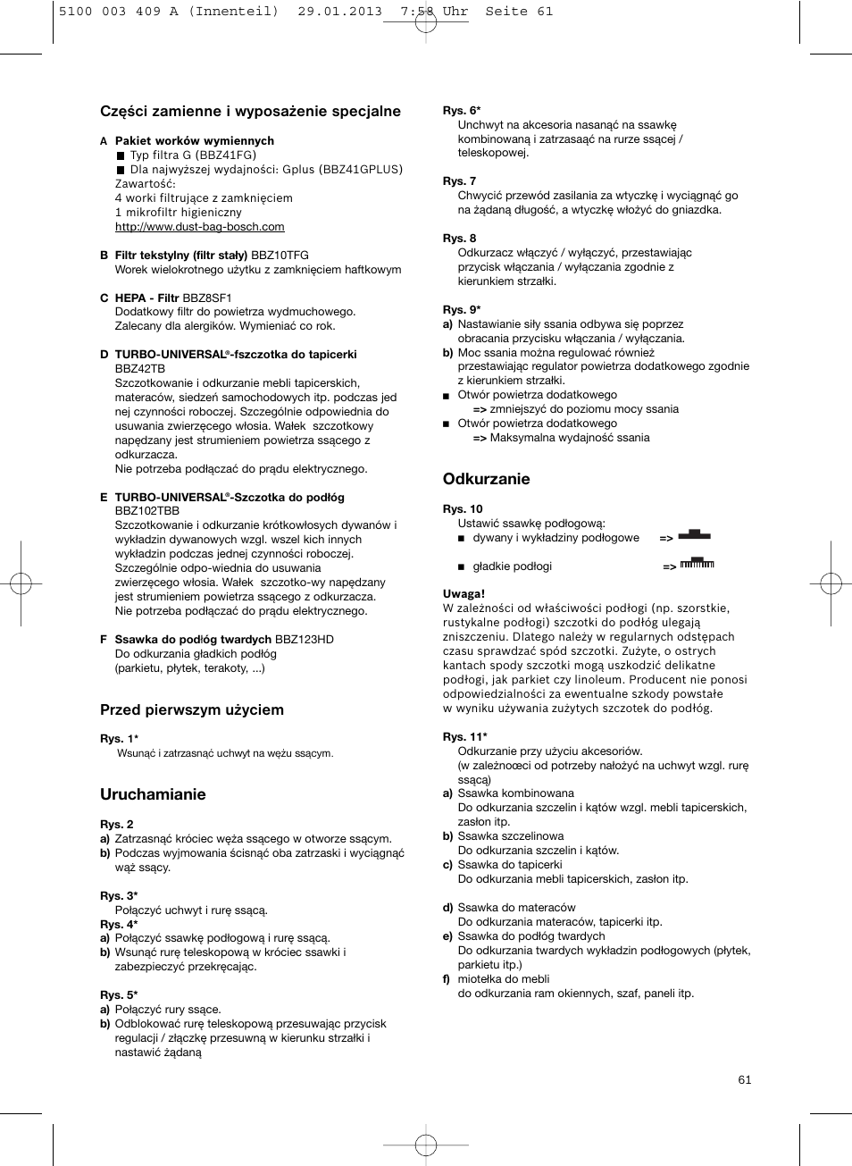 Części zamienne i wyposażenie specjalne, Przed pierwszym użyciem, Uruchamianie | Odkurzanie | Bosch sphera Bodenstaubsauger mit Staubbeutel BSD3030 schwarz User Manual | Page 62 / 96