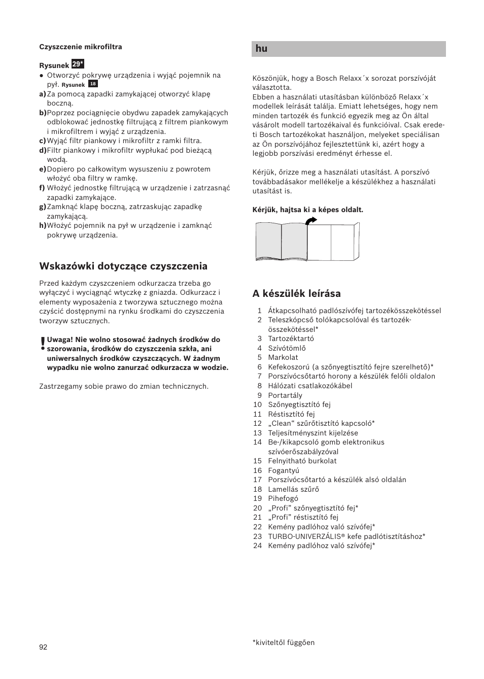 Wskazówki dotyczące czyszczenia, A készülék leírása | Bosch Relaxxx ProSilence66 Beutelloser Bodenstaubsauger BGS5SIL66A schwarz User Manual | Page 93 / 142