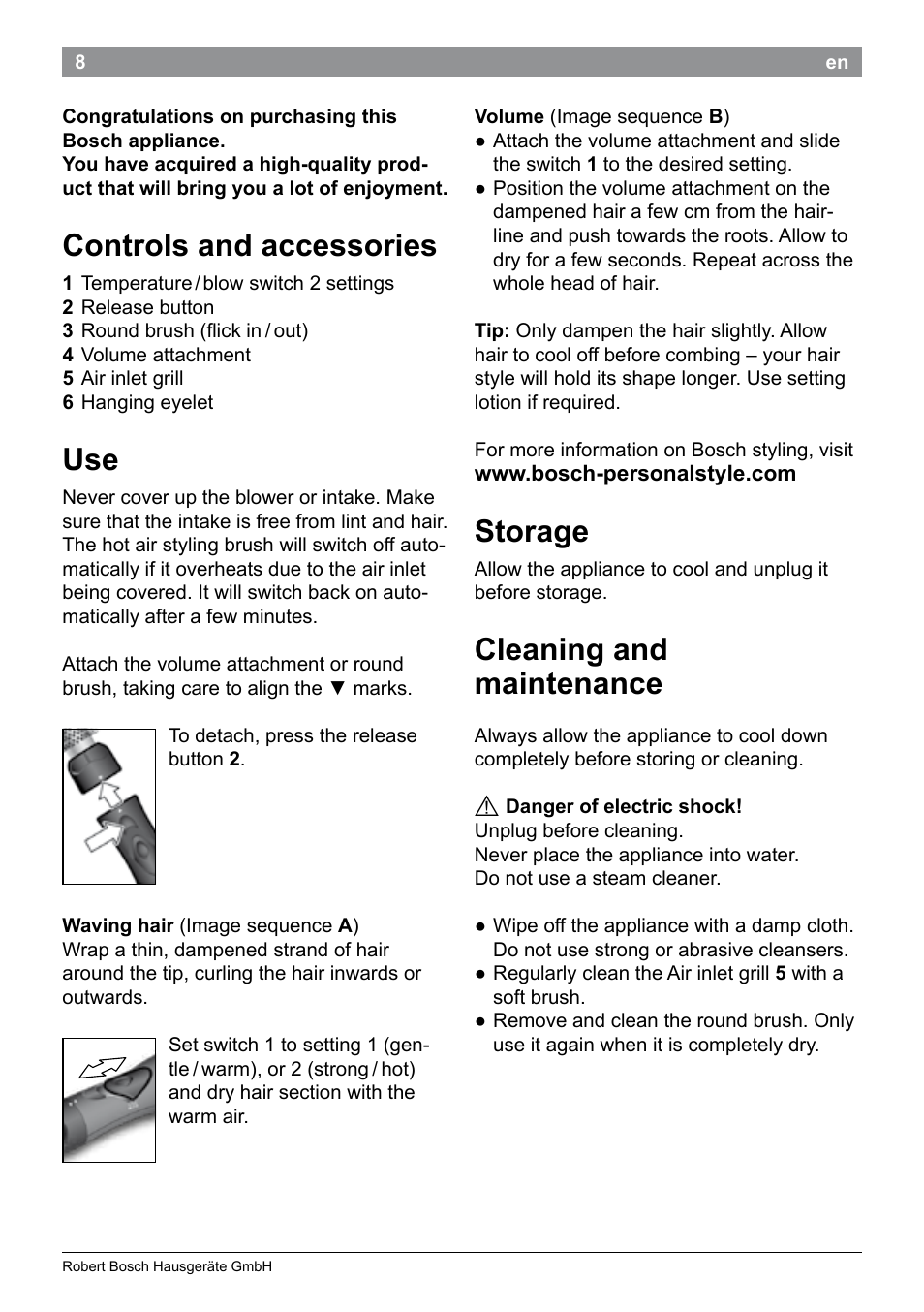 Controls and accessories, Storage, Cleaning and maintenance | Bosch PHA2101 Warmluftstylingbürste StarShine CurlStyle User Manual | Page 10 / 87