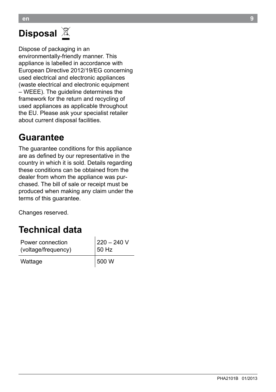 Disposal, Guarantee, Technical data | Bosch PHA2101 Warmluftstylingbürste StarShine CurlStyle User Manual | Page 11 / 87