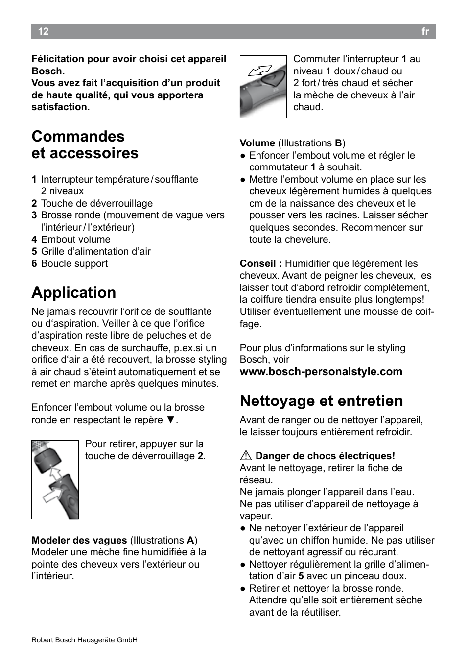 Nettoyage et entretien, Commandes et accessoires, Application | Bosch PHA2101 Warmluftstylingbürste StarShine CurlStyle User Manual | Page 14 / 87