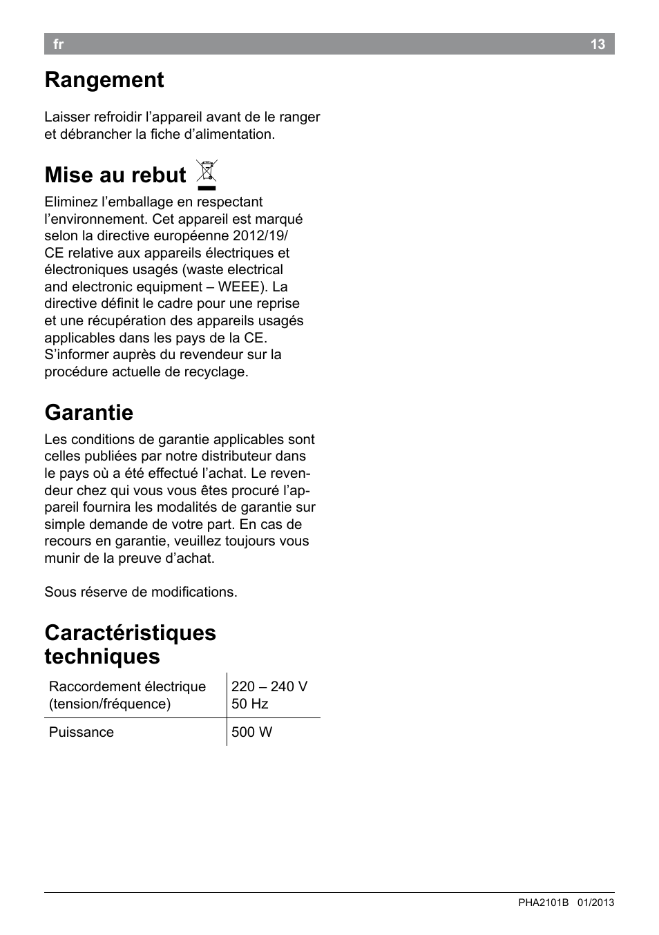 Rangement, Mise au rebut, Garantie | Caractéristiques techniques | Bosch PHA2101 Warmluftstylingbürste StarShine CurlStyle User Manual | Page 15 / 87