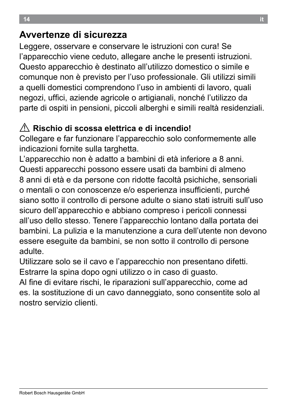 Avvertenze di sicurezza | Bosch PHA2101 Warmluftstylingbürste StarShine CurlStyle User Manual | Page 16 / 87