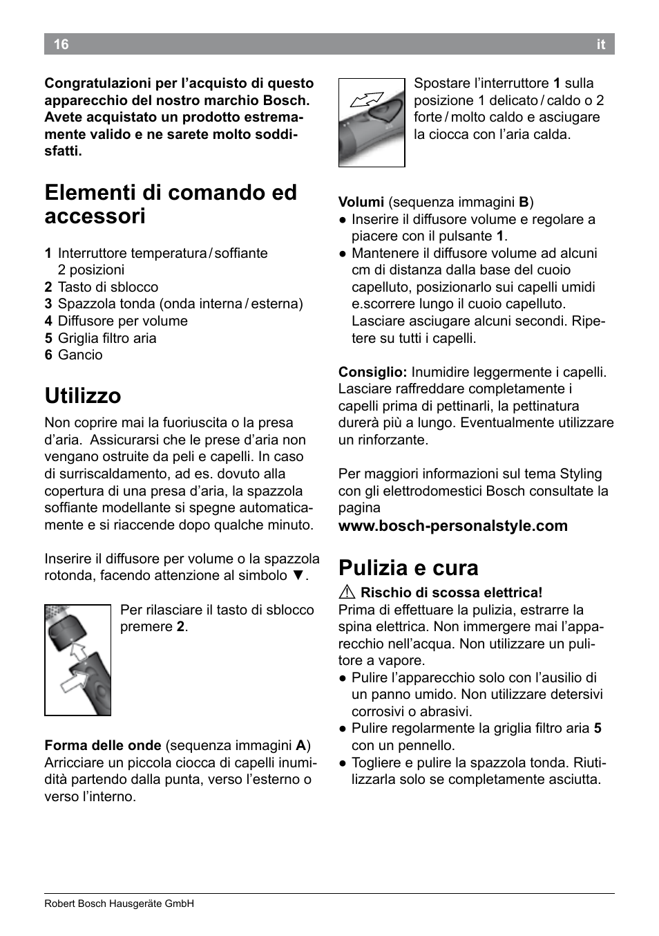 Elementi di comando ed accessori, Utilizzo, Pulizia e cura | Bosch PHA2101 Warmluftstylingbürste StarShine CurlStyle User Manual | Page 18 / 87