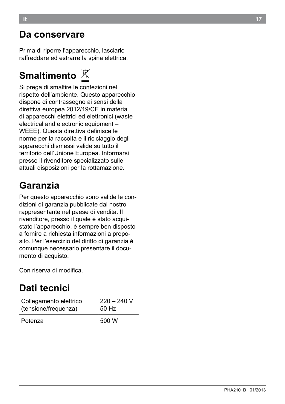 Da conservare, Smaltimento, Garanzia | Dati tecnici | Bosch PHA2101 Warmluftstylingbürste StarShine CurlStyle User Manual | Page 19 / 87