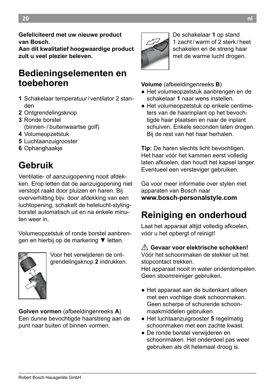 Bedieningselementen en toebehoren, Gebruik, Reiniging en onderhoud | Bosch PHA2101 Warmluftstylingbürste StarShine CurlStyle User Manual | Page 22 / 87