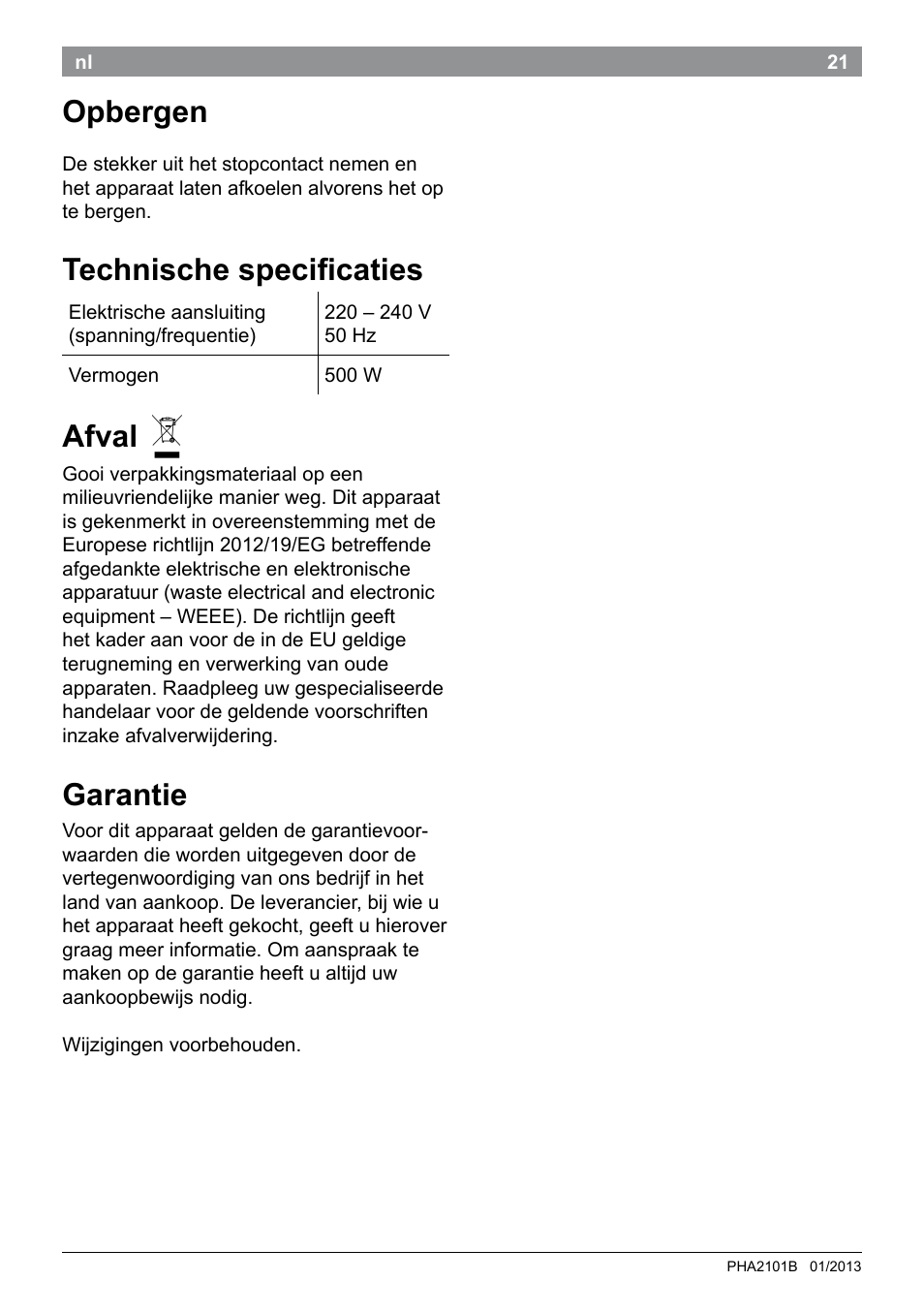 Opbergen, Technische specificaties, Afval | Garantie | Bosch PHA2101 Warmluftstylingbürste StarShine CurlStyle User Manual | Page 23 / 87