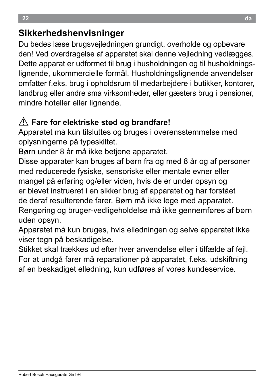Sikkerhedshenvisninger | Bosch PHA2101 Warmluftstylingbürste StarShine CurlStyle User Manual | Page 24 / 87