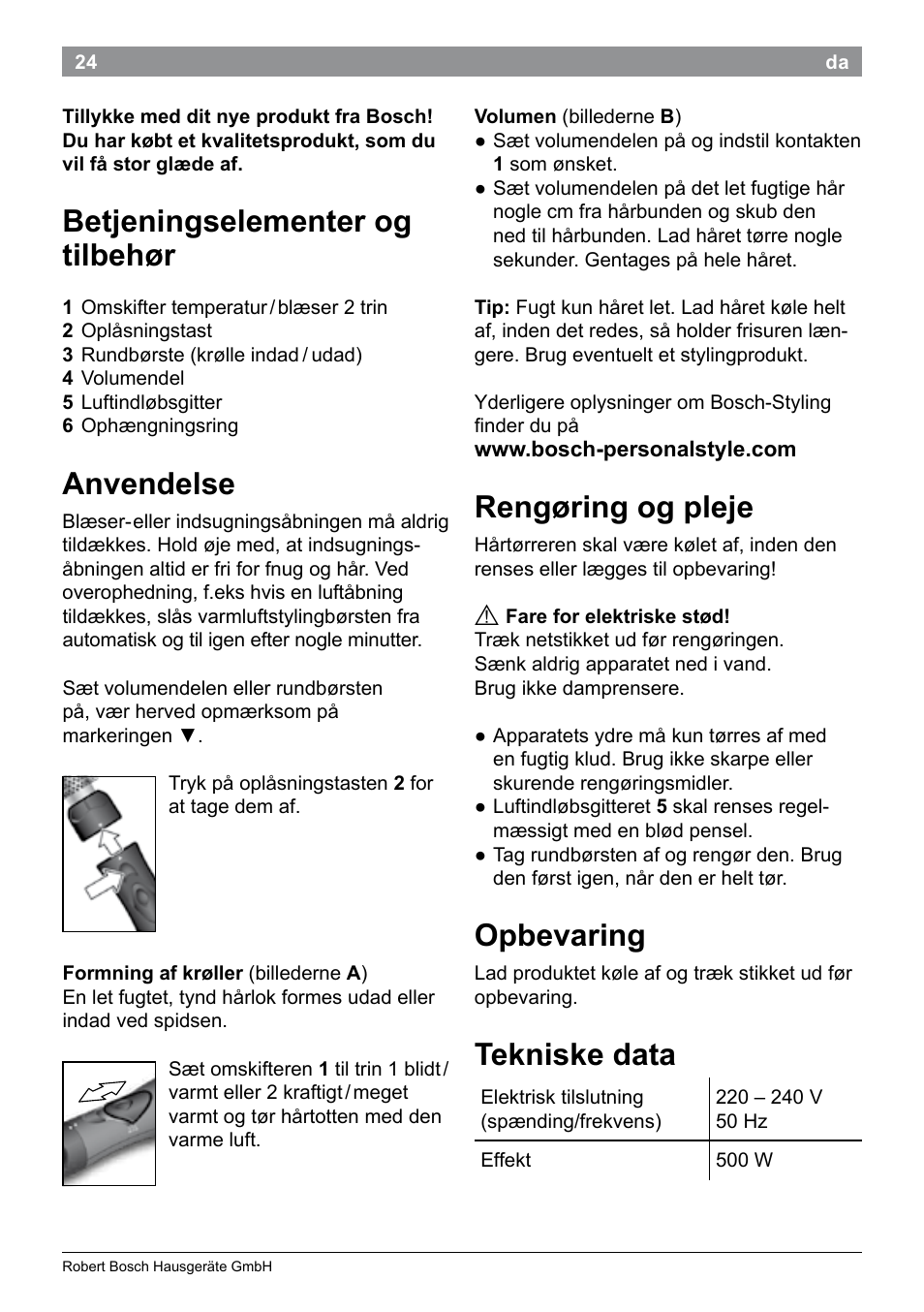 Betjeningselementer og tilbehør, Anvendelse, Rengøring og pleje | Opbevaring, Tekniske data | Bosch PHA2101 Warmluftstylingbürste StarShine CurlStyle User Manual | Page 26 / 87