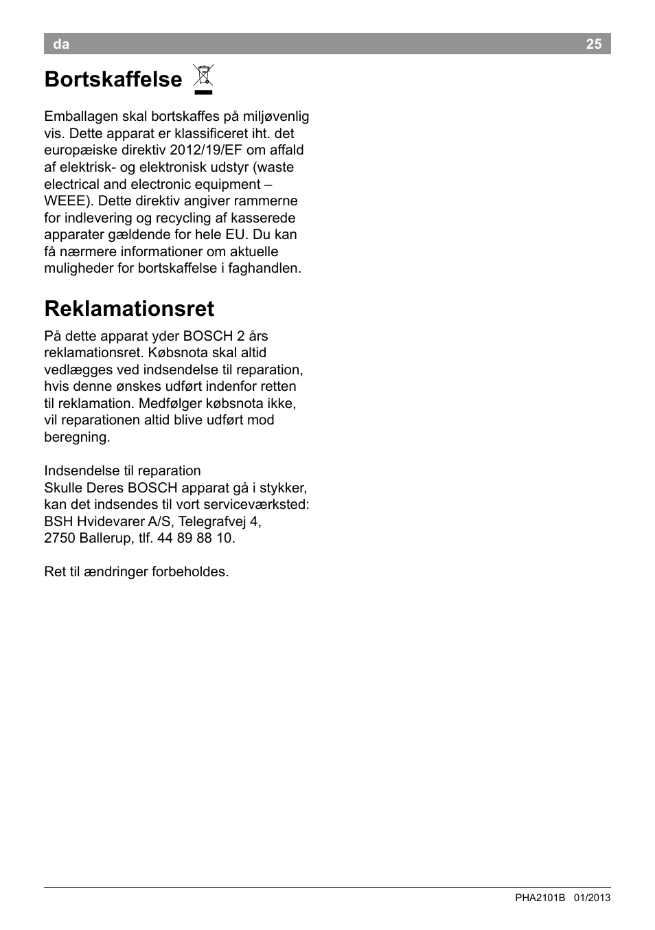 Bortskaffelse, Reklamationsret | Bosch PHA2101 Warmluftstylingbürste StarShine CurlStyle User Manual | Page 27 / 87