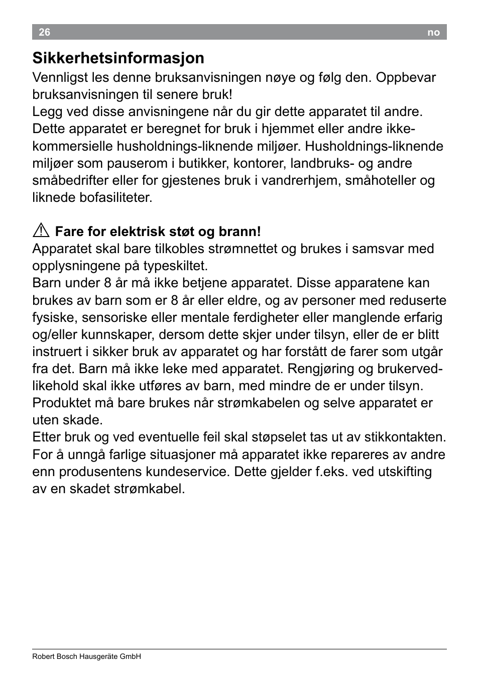 Sikkerhetsinformasjon | Bosch PHA2101 Warmluftstylingbürste StarShine CurlStyle User Manual | Page 28 / 87