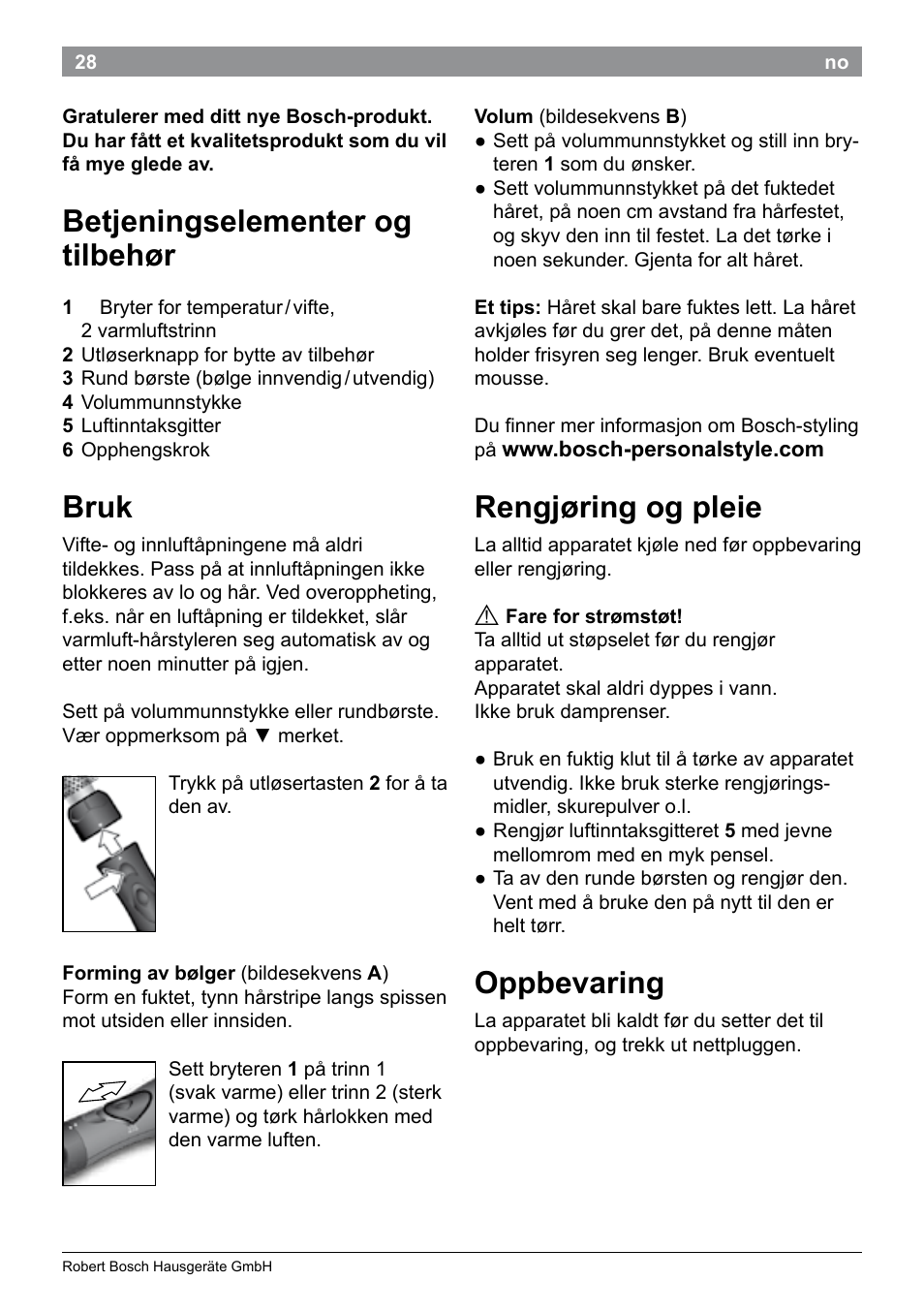 Betjeningselementer og tilbehør, Bruk, Rengjøring og pleie | Oppbevaring | Bosch PHA2101 Warmluftstylingbürste StarShine CurlStyle User Manual | Page 30 / 87