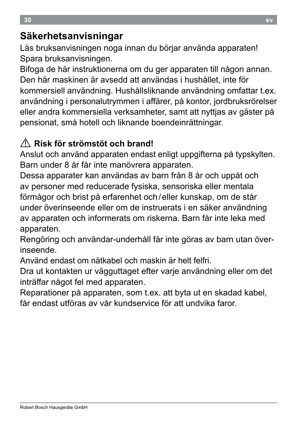 Säkerhetsanvisningar | Bosch PHA2101 Warmluftstylingbürste StarShine CurlStyle User Manual | Page 32 / 87