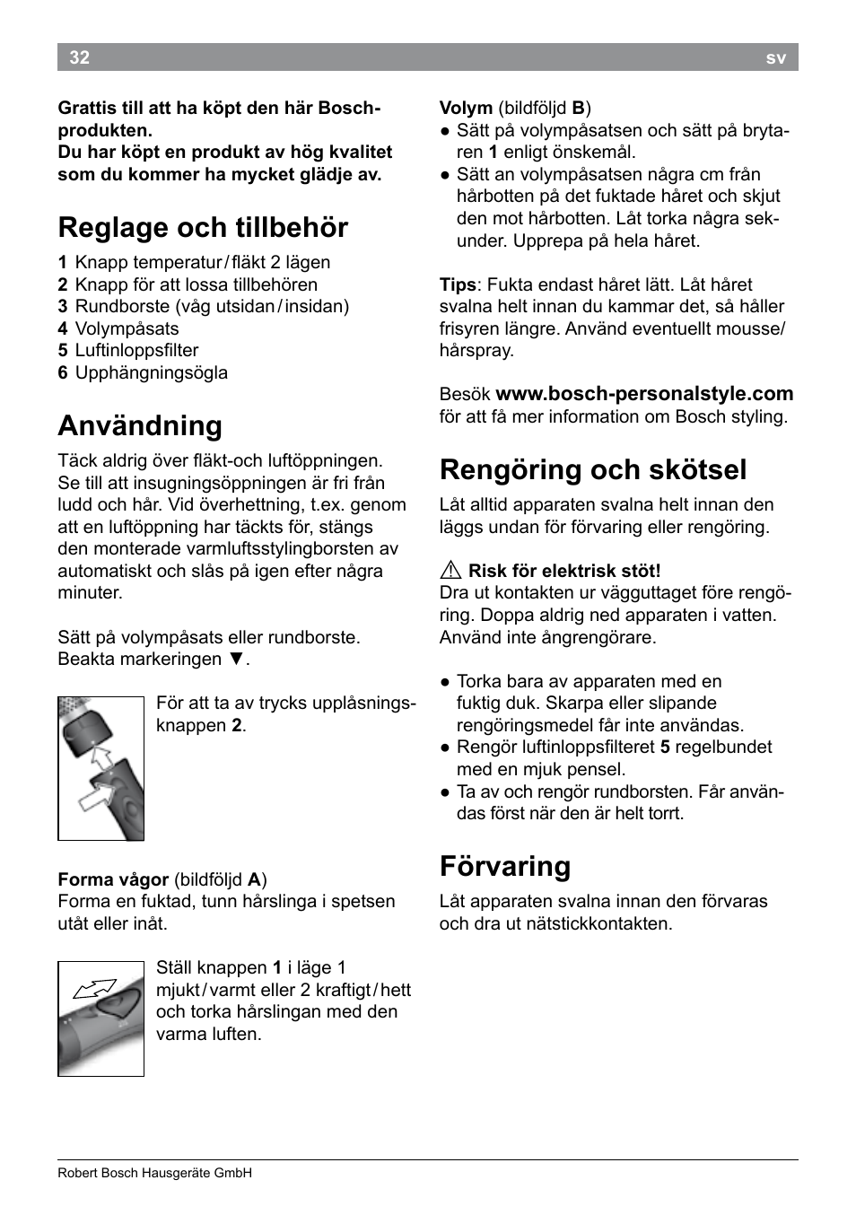 Reglage och tillbehör, Användning, Rengöring och skötsel | Förvaring | Bosch PHA2101 Warmluftstylingbürste StarShine CurlStyle User Manual | Page 34 / 87