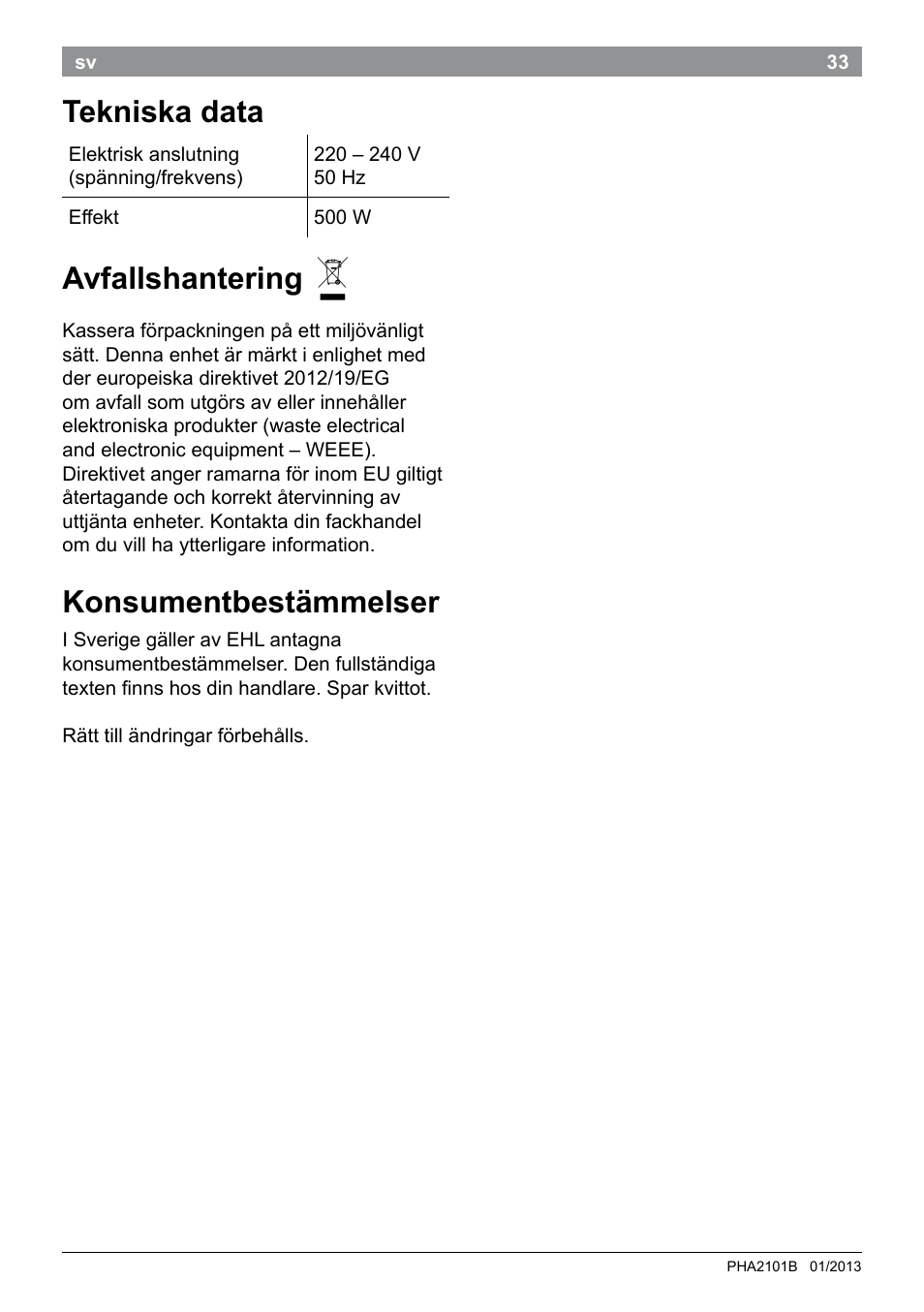 Tekniska data, Avfallshantering, Konsumentbestämmelser | Bosch PHA2101 Warmluftstylingbürste StarShine CurlStyle User Manual | Page 35 / 87