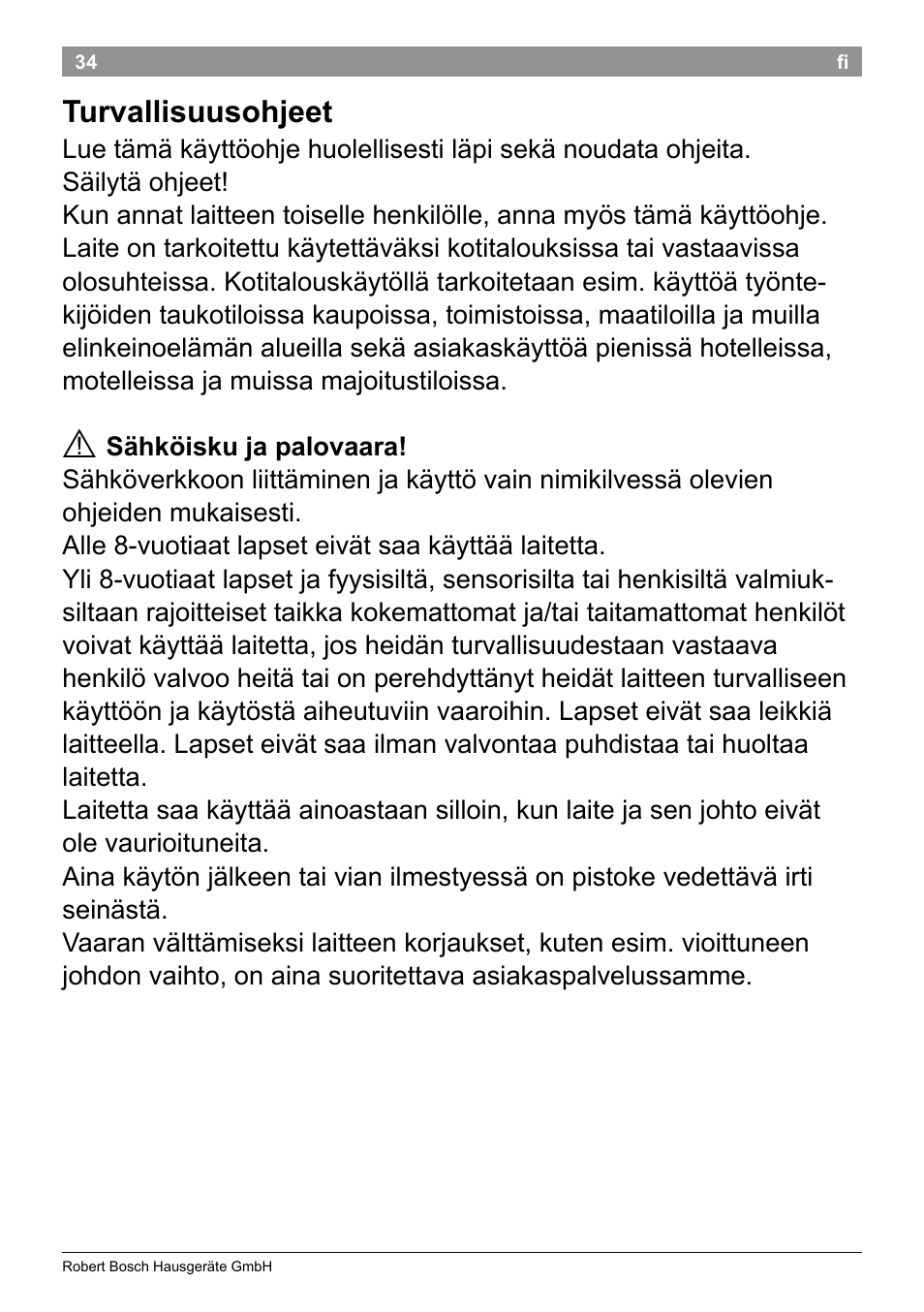 Turvallisuusohjeet | Bosch PHA2101 Warmluftstylingbürste StarShine CurlStyle User Manual | Page 36 / 87