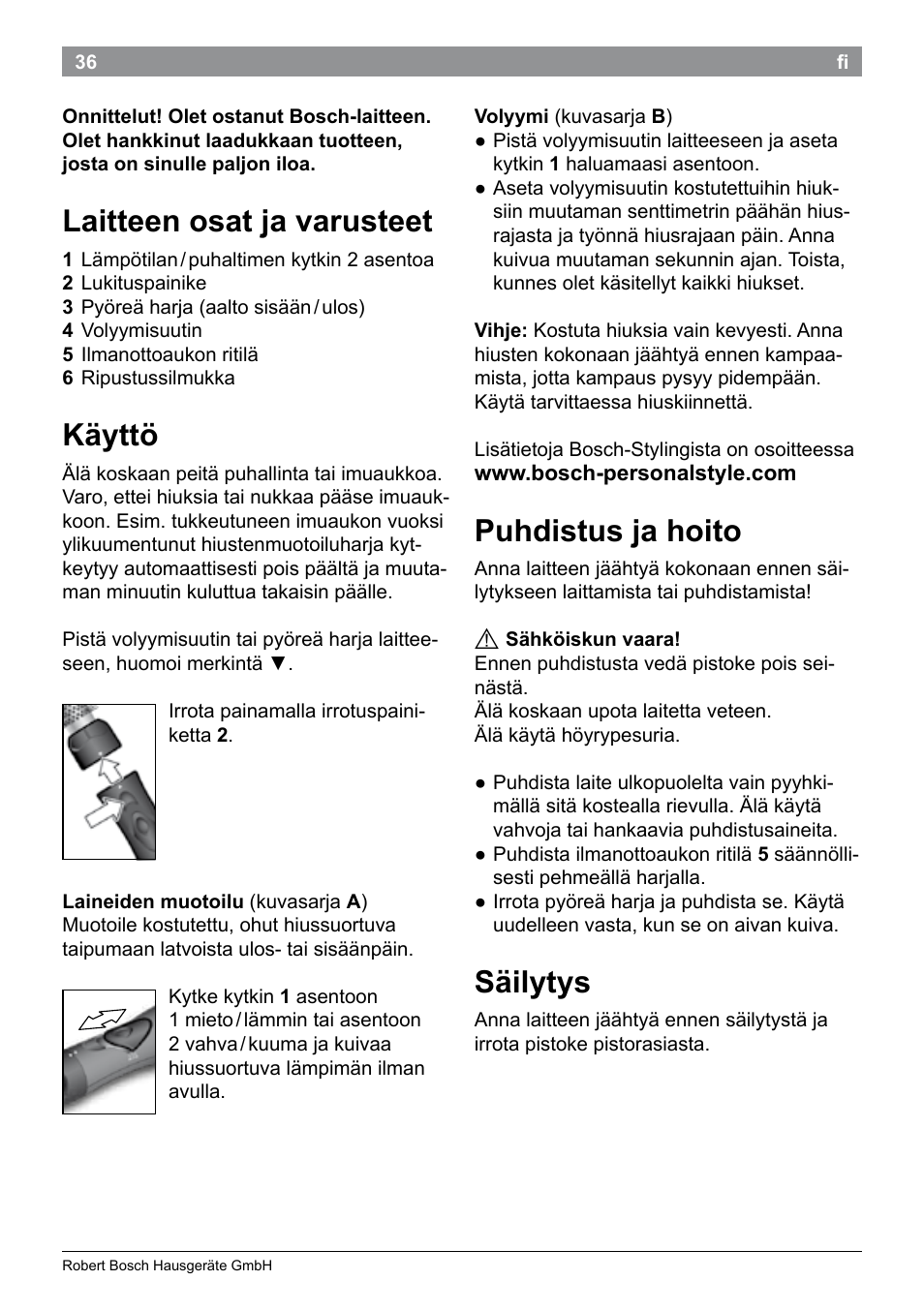 Laitteen osat ja varusteet, Käyttö, Puhdistus ja hoito | Säilytys | Bosch PHA2101 Warmluftstylingbürste StarShine CurlStyle User Manual | Page 38 / 87