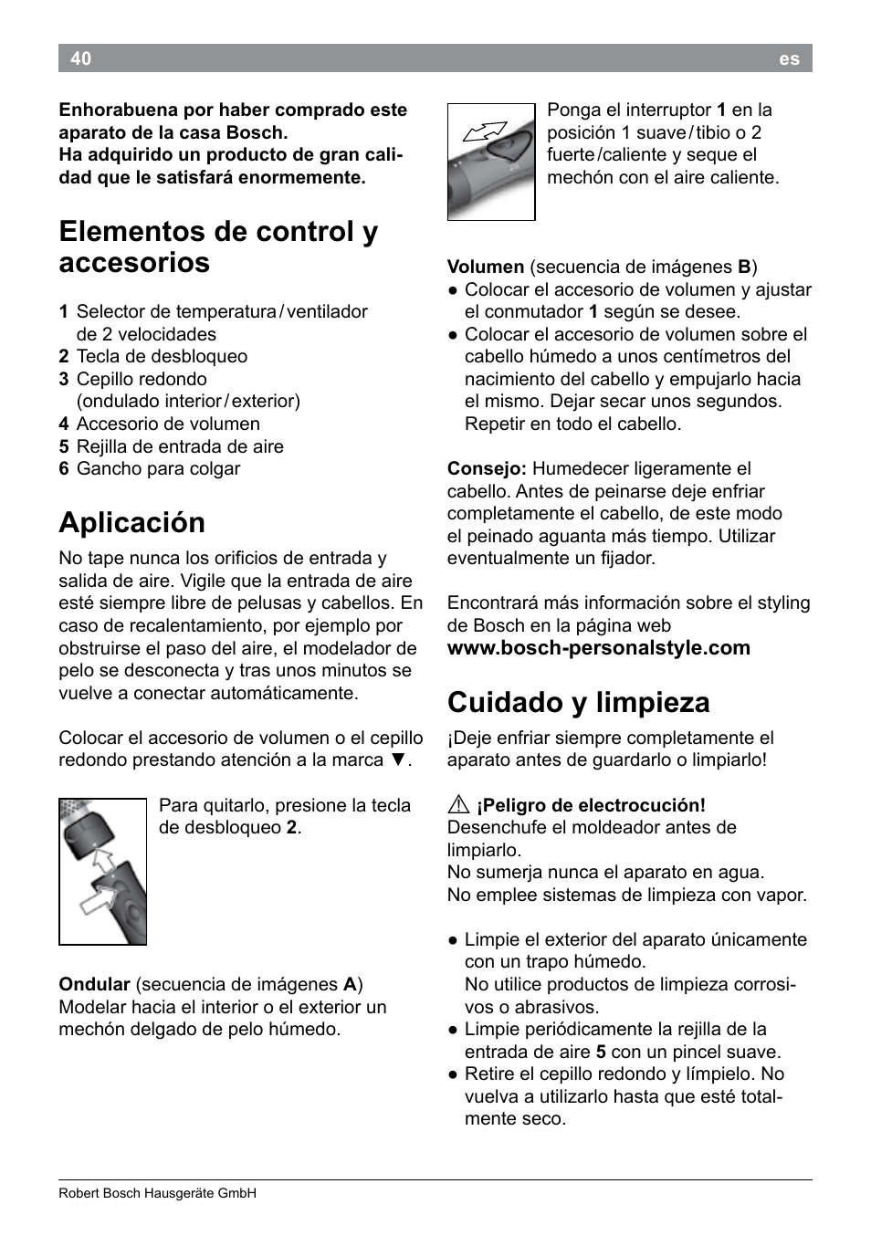 Elementos de control y accesorios, Aplicación, Cuidado y limpieza | Bosch PHA2101 Warmluftstylingbürste StarShine CurlStyle User Manual | Page 42 / 87