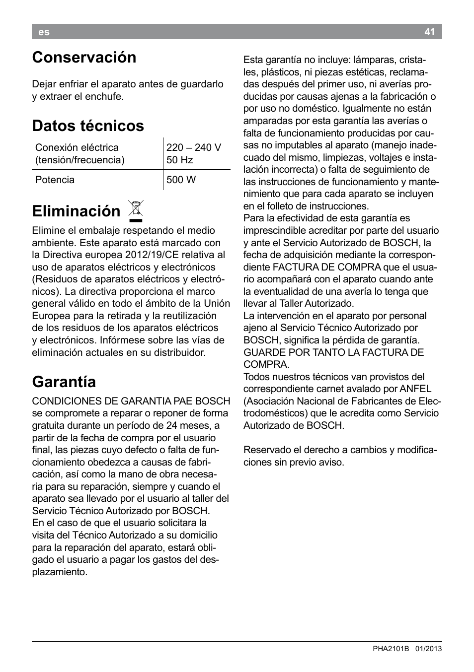 Conservación, Datos técnicos, Eliminación | Garantía | Bosch PHA2101 Warmluftstylingbürste StarShine CurlStyle User Manual | Page 43 / 87