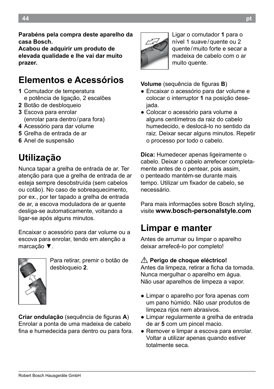 Elementos e acessórios, Utilização, Limpar e manter | Bosch PHA2101 Warmluftstylingbürste StarShine CurlStyle User Manual | Page 46 / 87