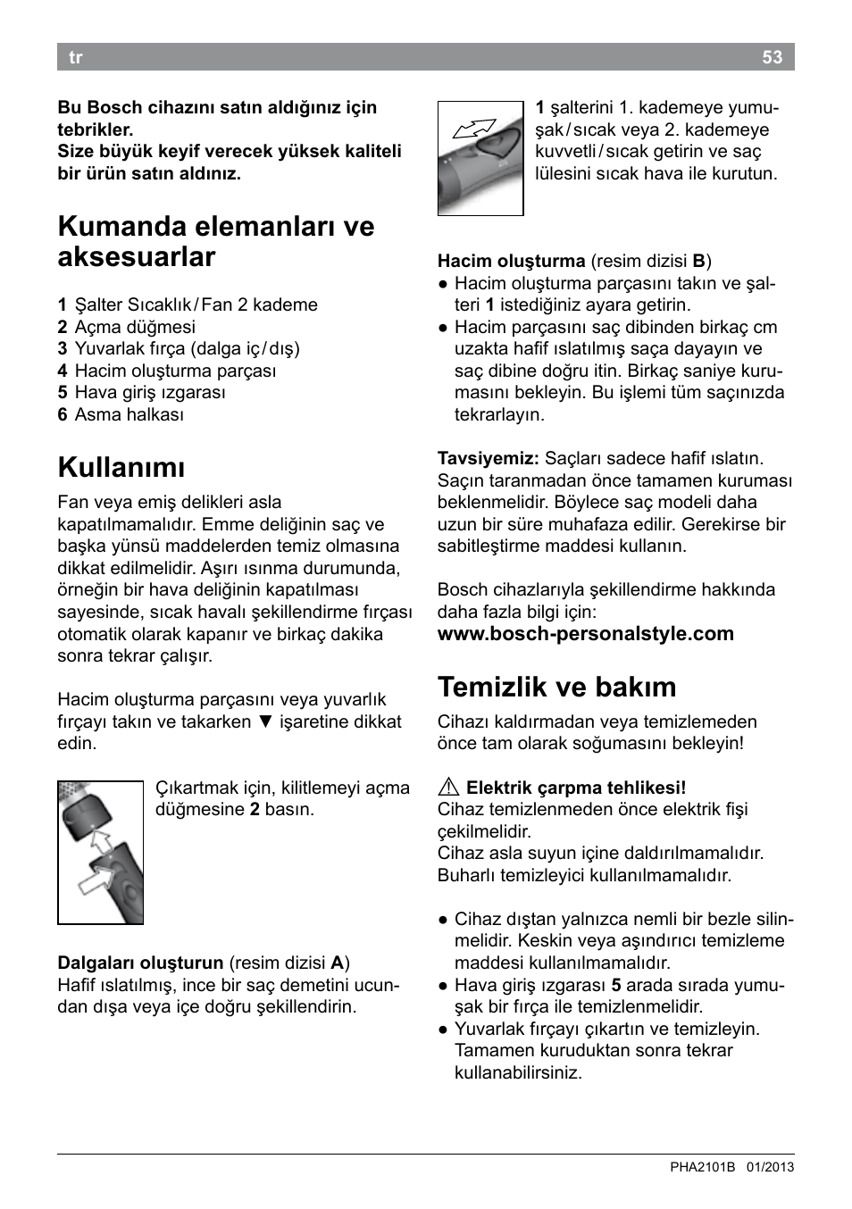 Kumanda elemanları ve aksesuarlar, Kullanımı, Temizlik ve bakım | Bosch PHA2101 Warmluftstylingbürste StarShine CurlStyle User Manual | Page 55 / 87