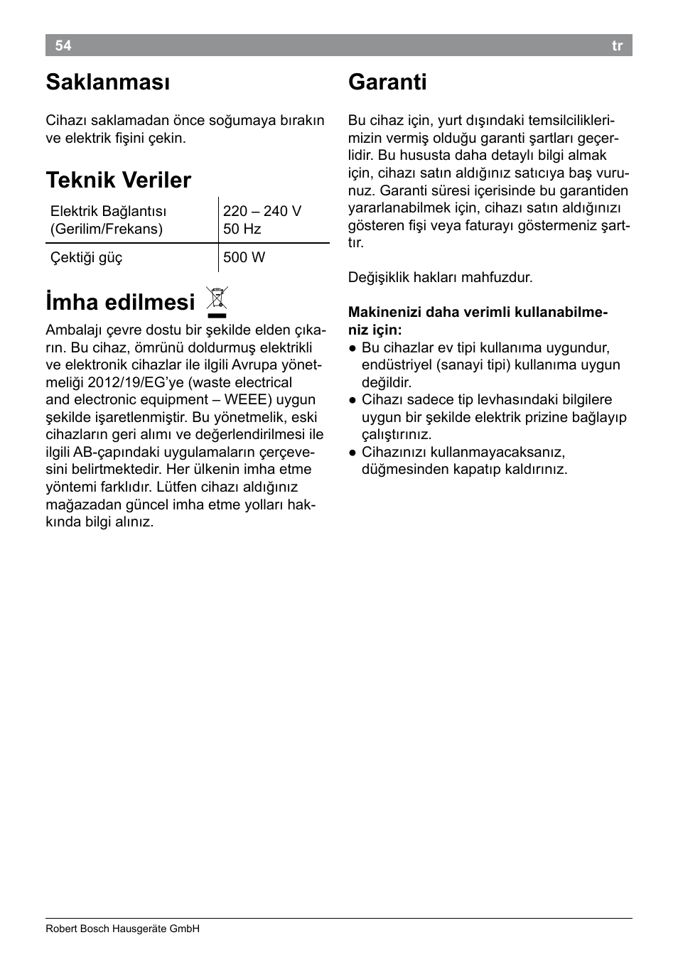 Saklanması, Teknik veriler, Imha edilmesi | Garanti | Bosch PHA2101 Warmluftstylingbürste StarShine CurlStyle User Manual | Page 56 / 87