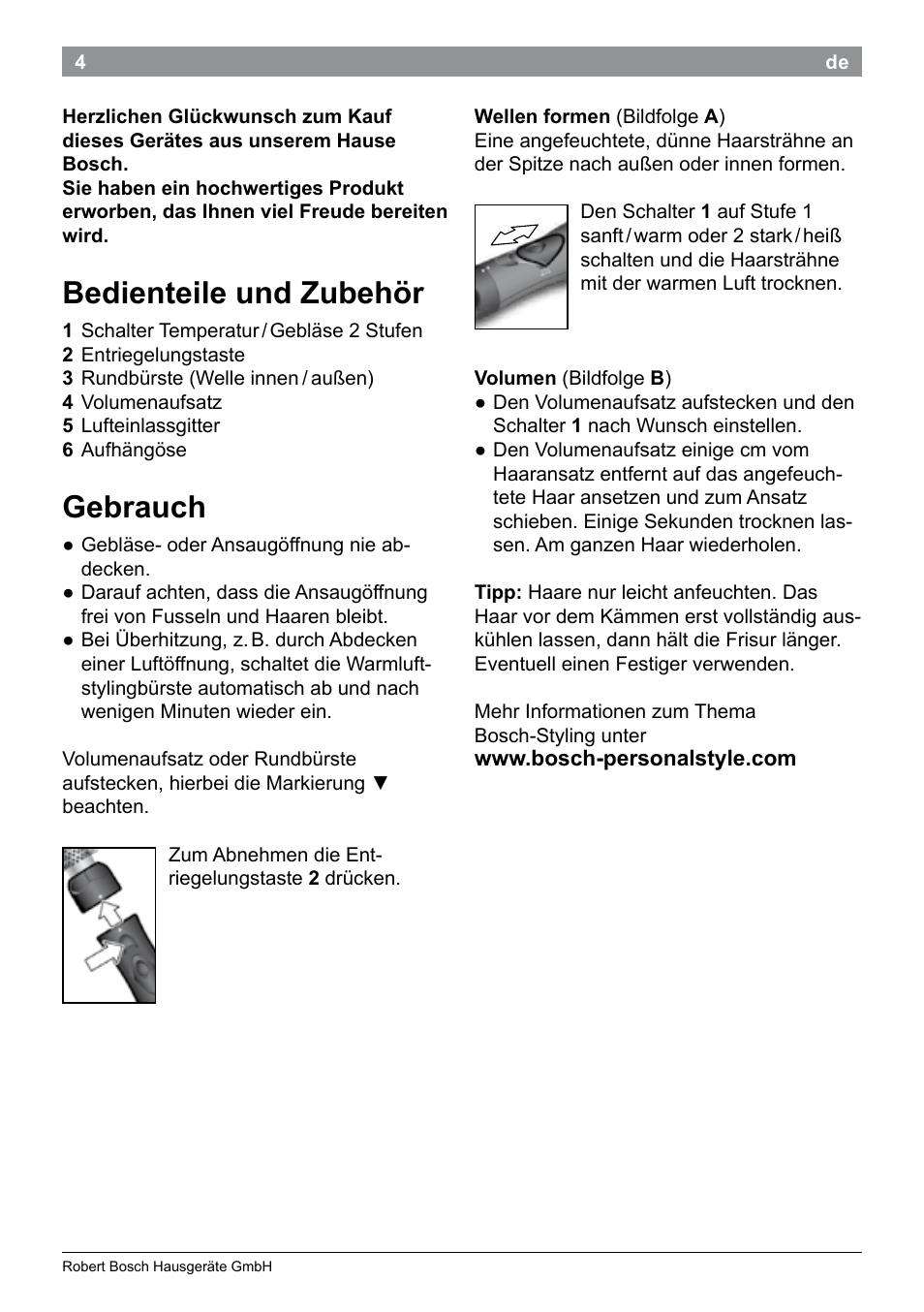 Bedienteile und zubehör, Gebrauch | Bosch PHA2101 Warmluftstylingbürste StarShine CurlStyle User Manual | Page 6 / 87