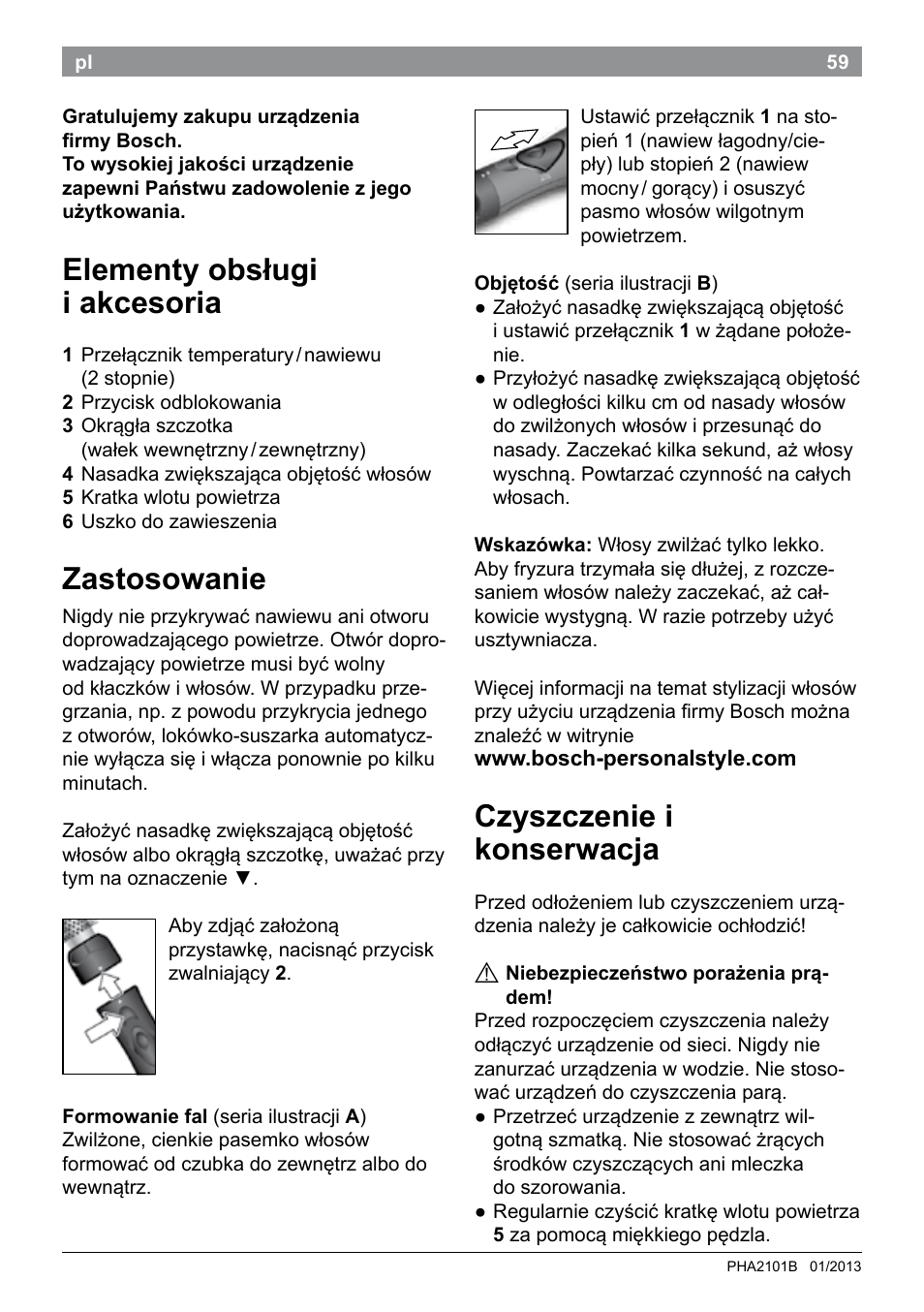 Elementy obsługi i akcesoria, Zastosowanie, Czyszczenie i konserwacja | Bosch PHA2101 Warmluftstylingbürste StarShine CurlStyle User Manual | Page 61 / 87
