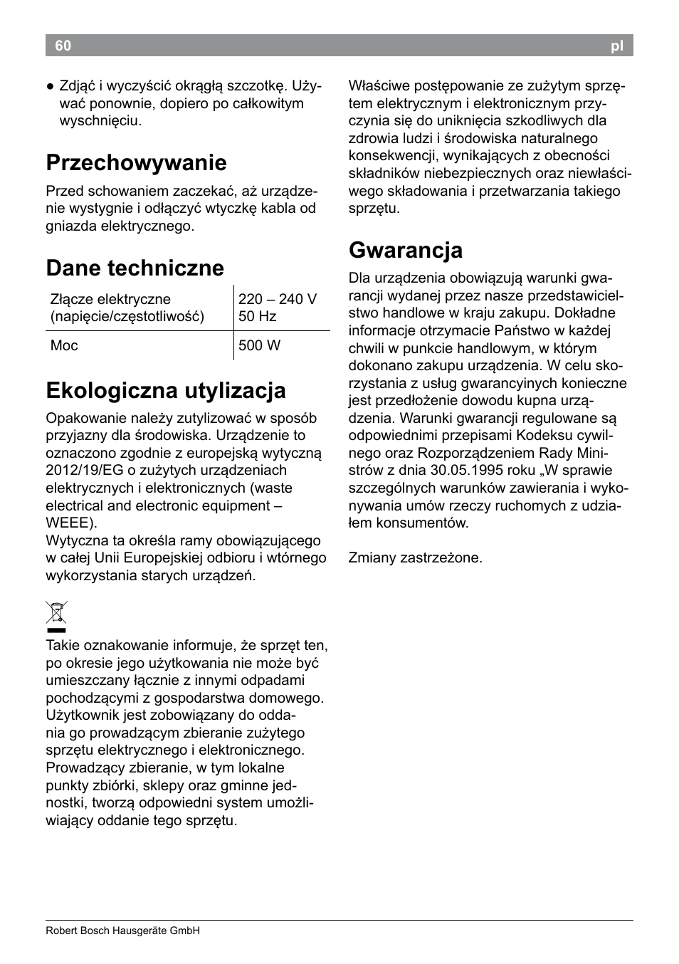 Przechowywanie, Dane techniczne, Ekologiczna utylizacja | Gwarancja | Bosch PHA2101 Warmluftstylingbürste StarShine CurlStyle User Manual | Page 62 / 87