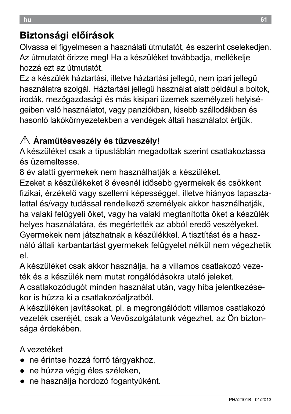 Biztonsági előírások | Bosch PHA2101 Warmluftstylingbürste StarShine CurlStyle User Manual | Page 63 / 87