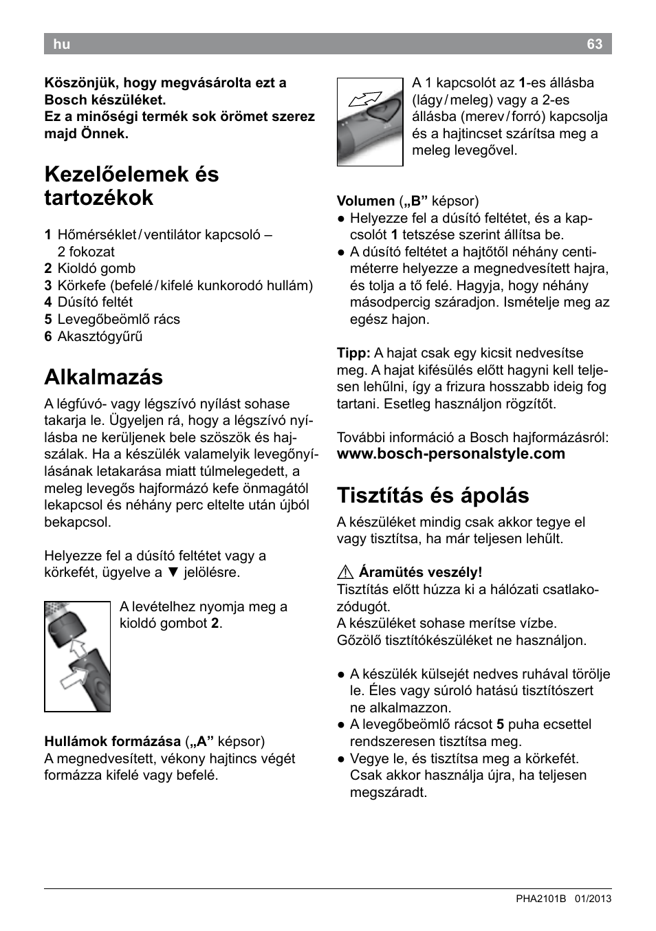 Kezelőelemek és tartozékok, Alkalmazás, Tisztítás és ápolás | Bosch PHA2101 Warmluftstylingbürste StarShine CurlStyle User Manual | Page 65 / 87