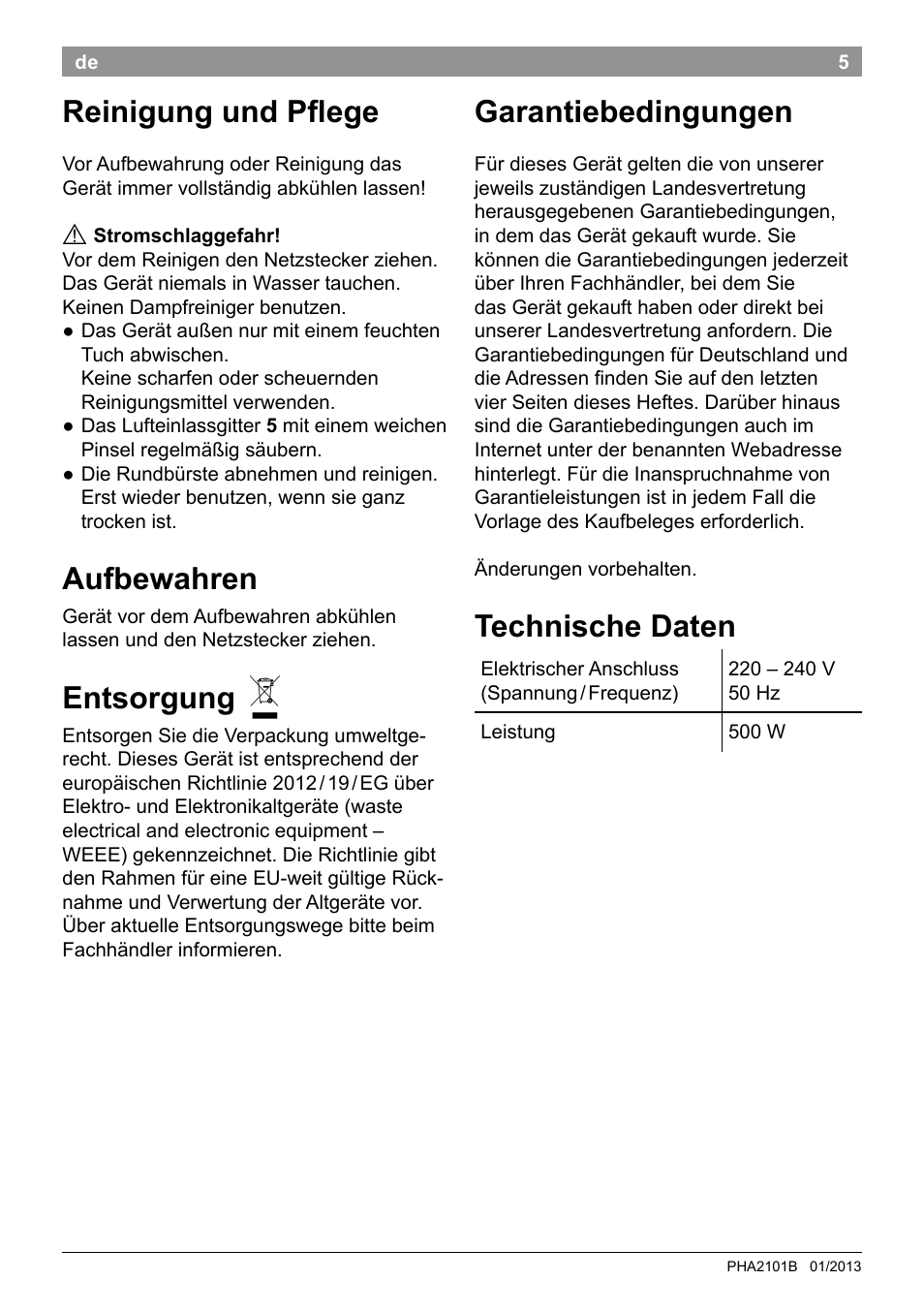 Reinigung und pflege, Aufbewahren, Entsorgung | Garantiebedingungen, Technische daten | Bosch PHA2101 Warmluftstylingbürste StarShine CurlStyle User Manual | Page 7 / 87