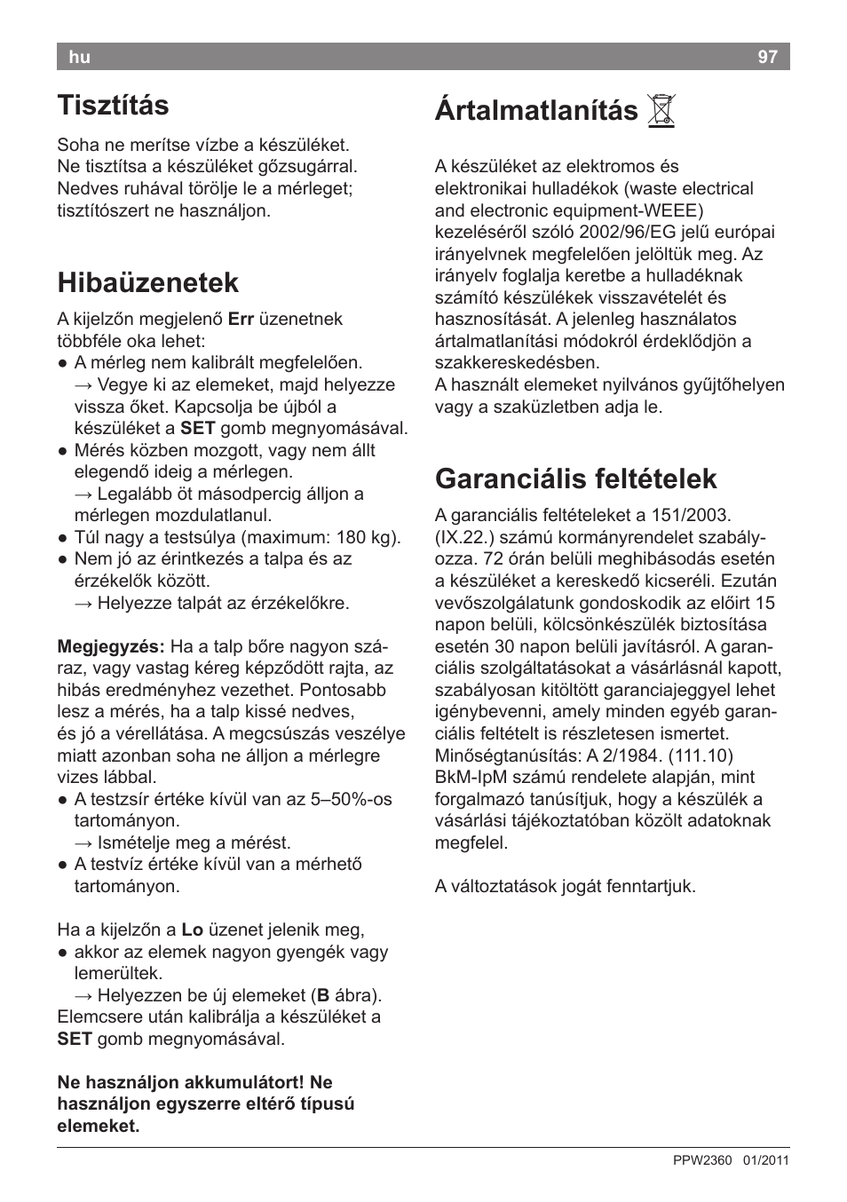 Tisztítás, Hibaüzenetek, Ártalmatlanítás | Garanciális feltételek | Bosch PPW2360 Analysewaage elektronisch AxxenceAnalysis Graphic User Manual | Page 101 / 130