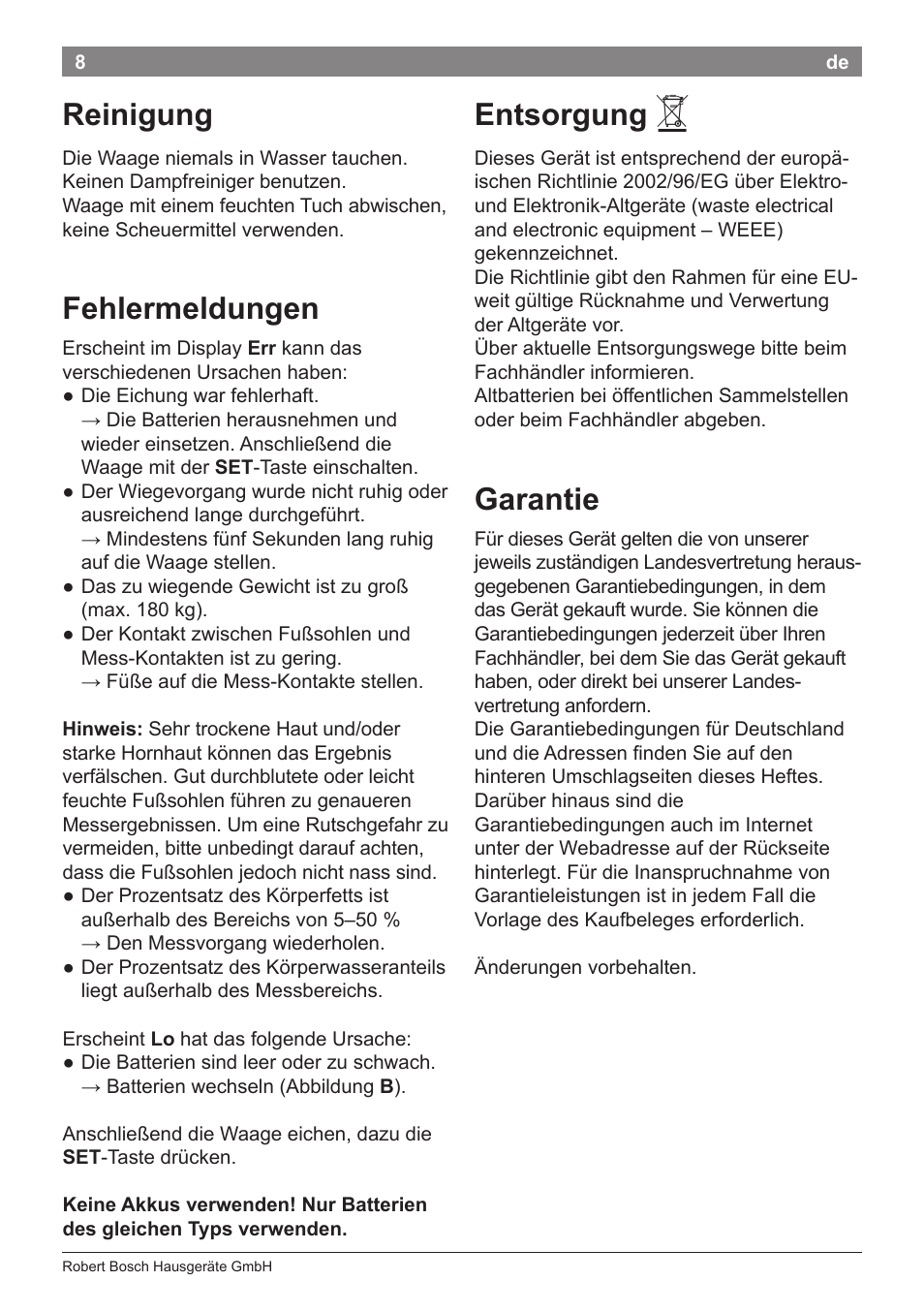 Reinigung, Fehlermeldungen, Entsorgung | Garantie | Bosch PPW2360 Analysewaage elektronisch AxxenceAnalysis Graphic User Manual | Page 12 / 130