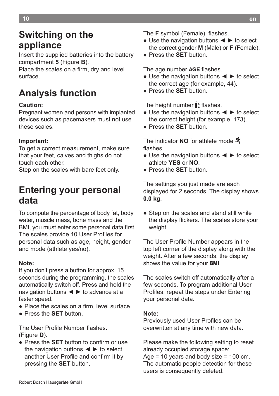 Switching on the appliance, Analysis function, Entering your personal data | Bosch PPW2360 Analysewaage elektronisch AxxenceAnalysis Graphic User Manual | Page 14 / 130