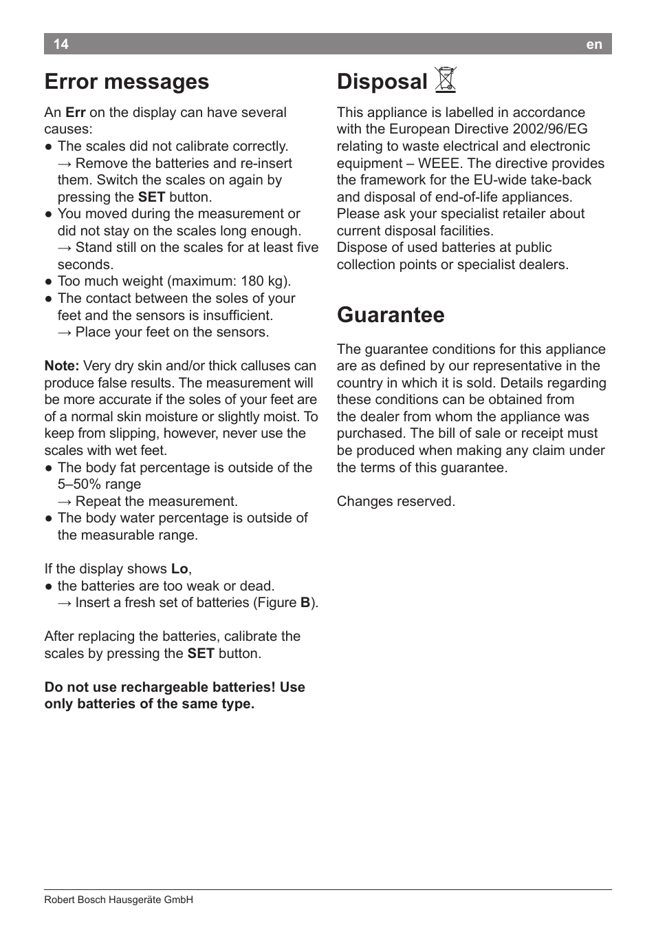 Error messages, Disposal, Guarantee | Bosch PPW2360 Analysewaage elektronisch AxxenceAnalysis Graphic User Manual | Page 18 / 130