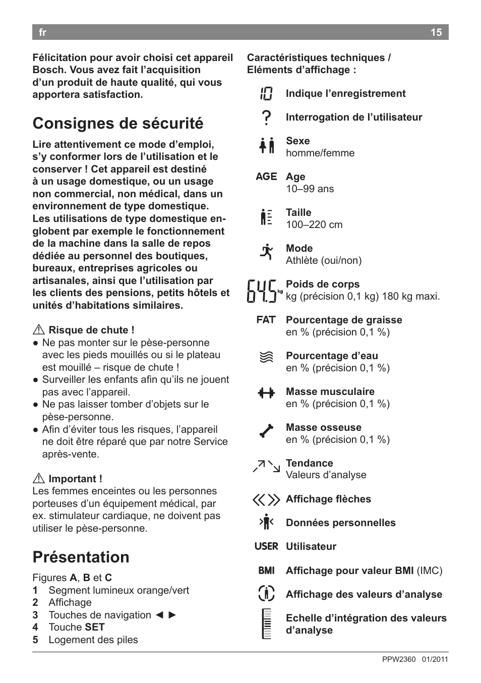 Consignes de sécurité, Présentation | Bosch PPW2360 Analysewaage elektronisch AxxenceAnalysis Graphic User Manual | Page 19 / 130