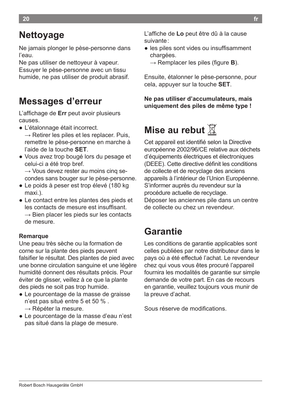 Nettoyage, Messages d’erreur, Mise au rebut | Garantie | Bosch PPW2360 Analysewaage elektronisch AxxenceAnalysis Graphic User Manual | Page 24 / 130