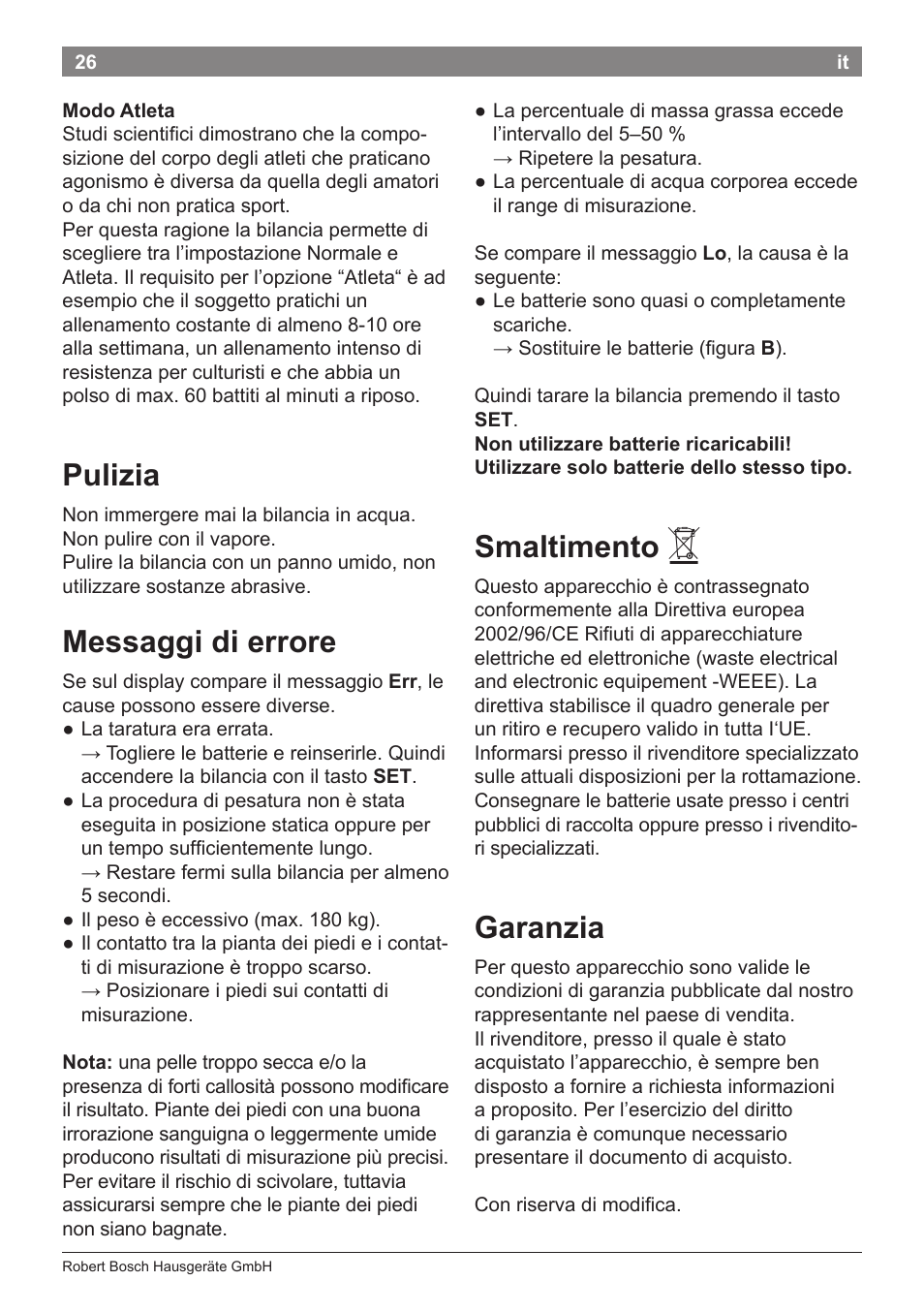 Pulizia, Messaggi di errore, Smaltimento | Garanzia | Bosch PPW2360 Analysewaage elektronisch AxxenceAnalysis Graphic User Manual | Page 30 / 130